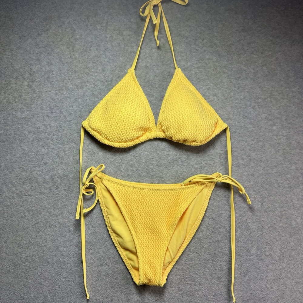 Wild Fable Yellow Crochet‎ Bikini Set Triangle Halter Bottom Medium/ Top Large